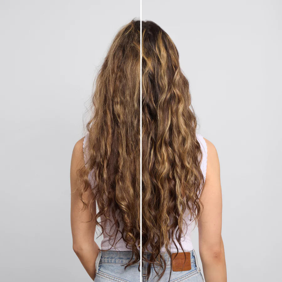 Side-by-side comparison of a person with long, wavy hair against a plain background