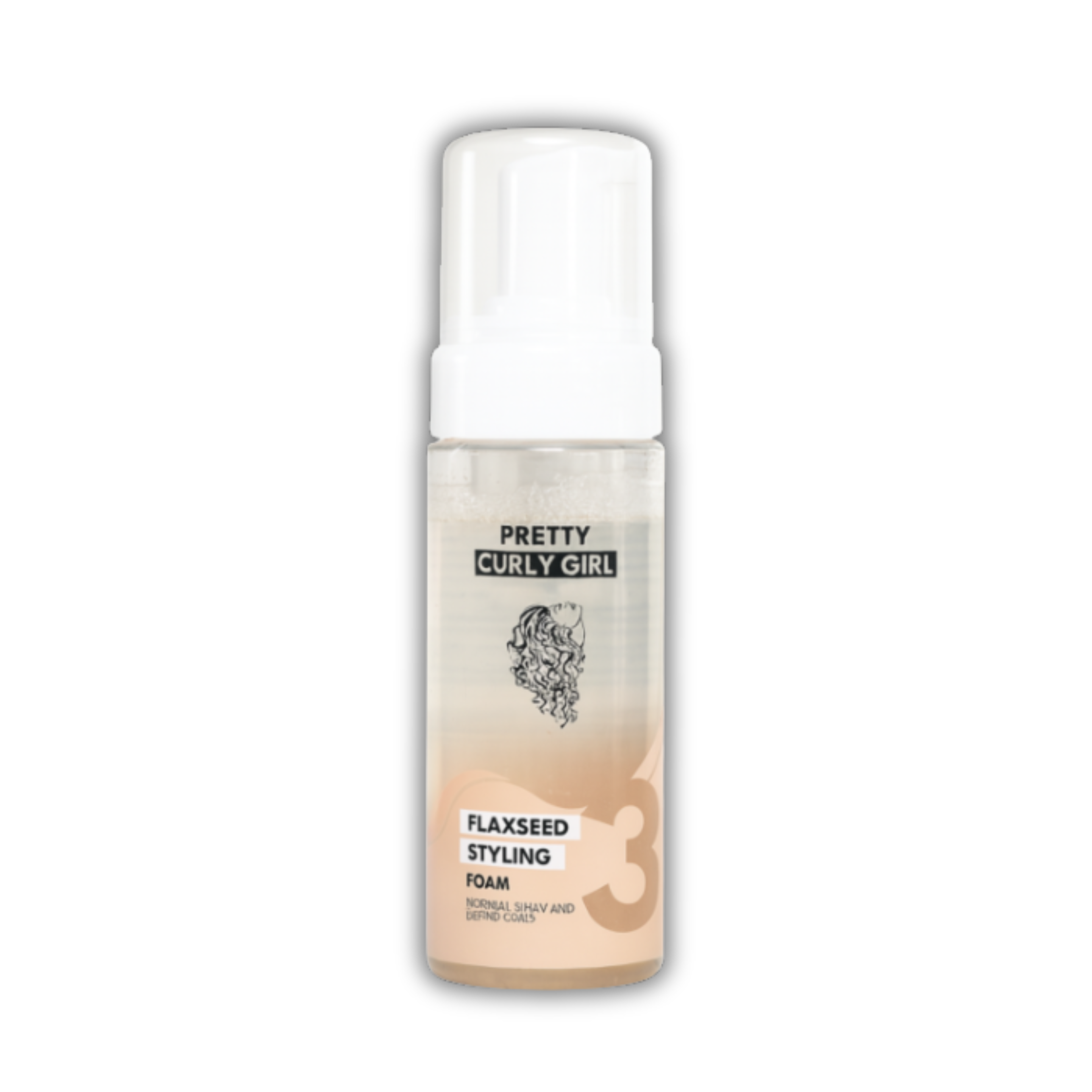 Pretty Curly Girl flaxseed styling foam for defining curls, adding volume, and providing flexible hold.