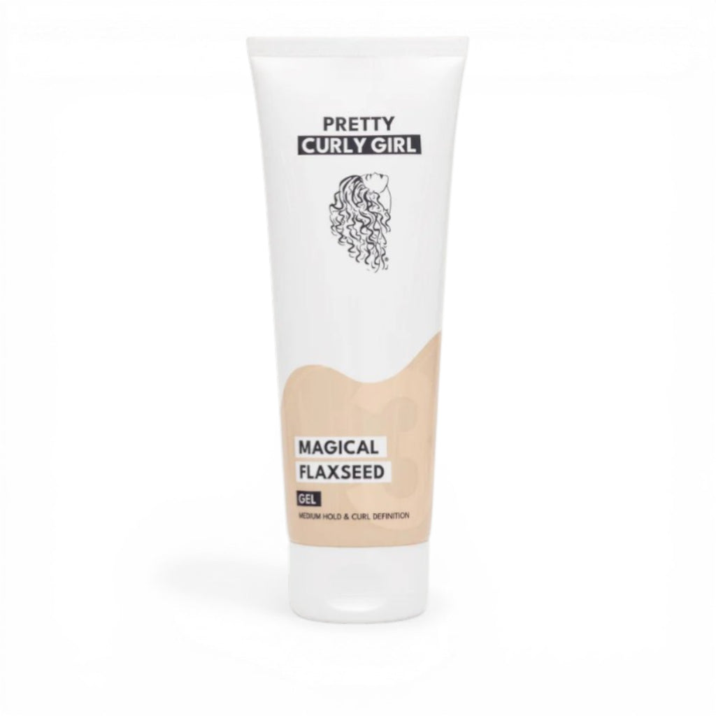 Pretty Curly Girl magical flaxseed gel for defining curls, reducing frizz, and providing flexible hold.